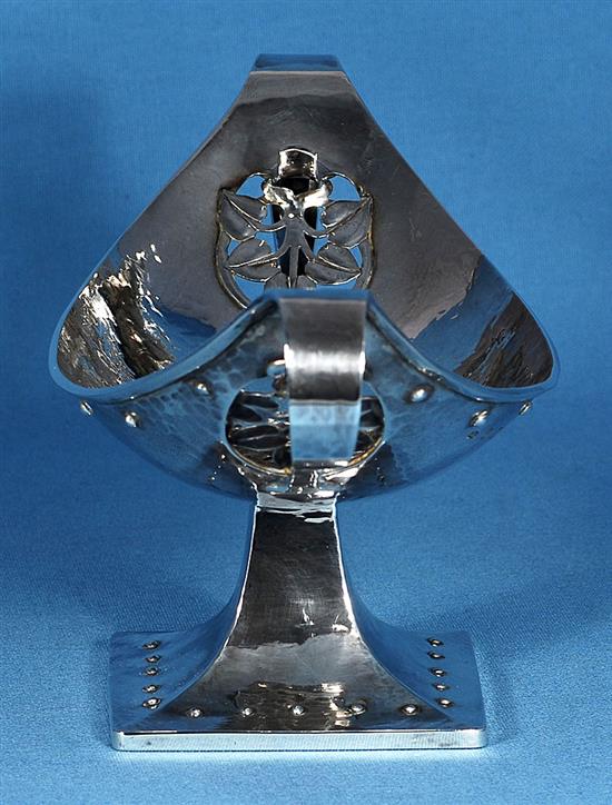 A George V Arts & Crafts silver navette shaped two handled dish, by Albert Edward Jones, Width 12 ¾”/320mm Weight: 18.3oz/520grms